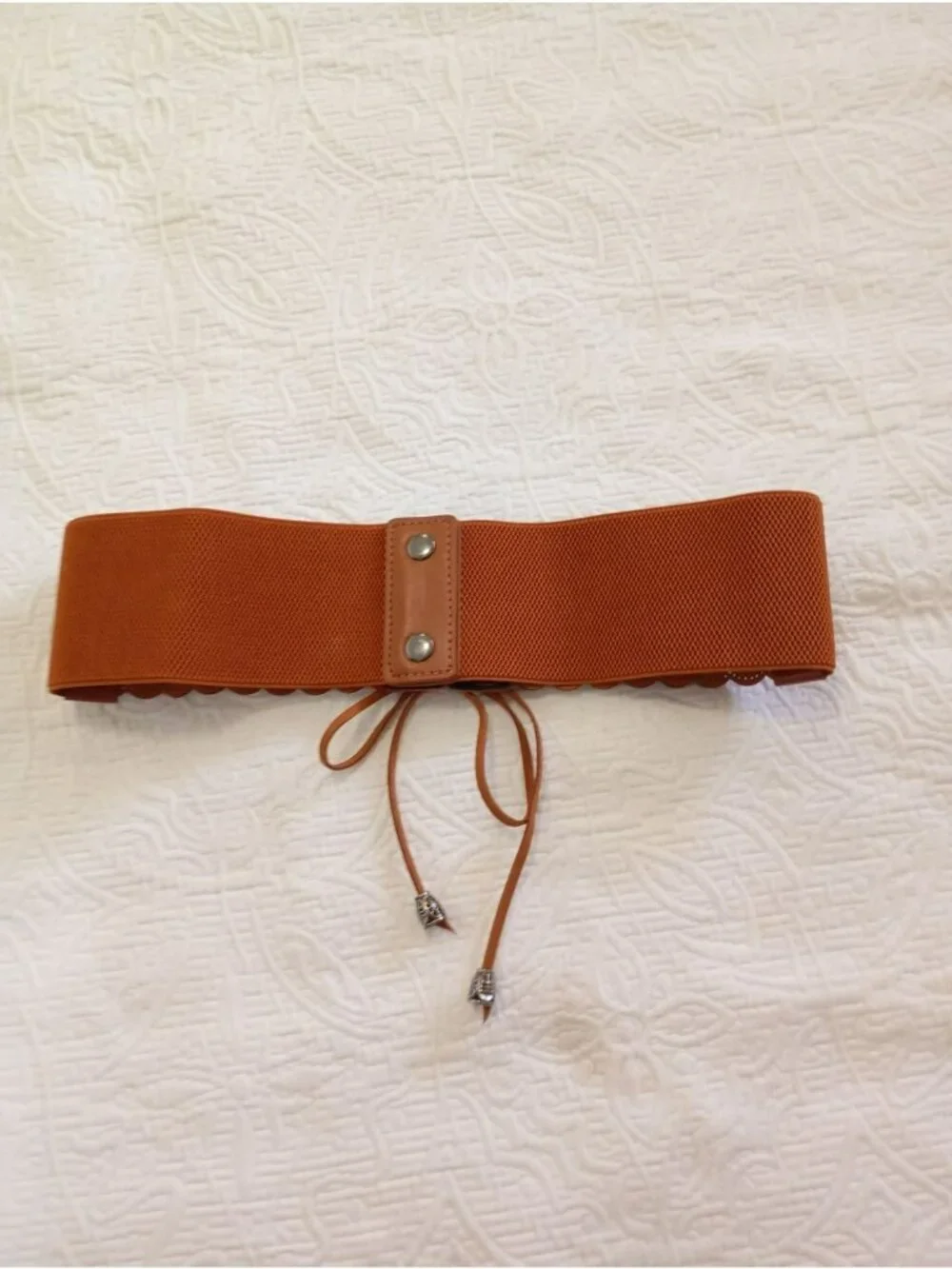 Brown Elastic Waist Cincher Belt Faux Leather Lace-Up Design & Metal Tip Accents